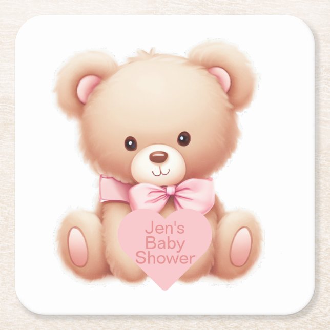 Teddy Bear Pink Square Paper Coaster (Front)