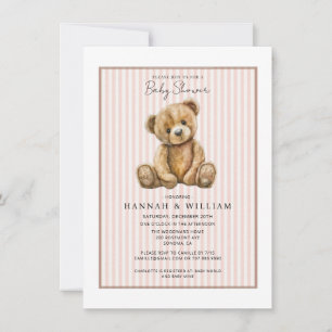 Teddy Bear Pink Stripes Baby Shower Invitation