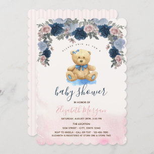 Teddy Bear Pink Stripes Baby Shower Invitation