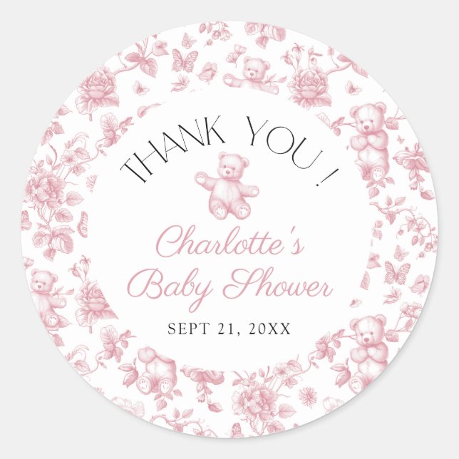 Teddy Bear Pink Toile Girl Baby Shower Thank You Classic Round Sticker (Front)