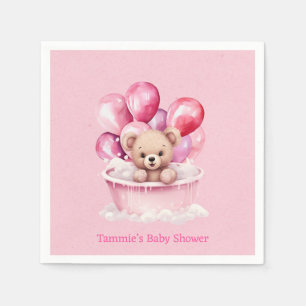 Teddy Bear Pink Tub & Balloon Girl Baby Shower Napkin