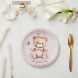 Teddy Bear Pink Watercolor Girls Birthday Paper Plate