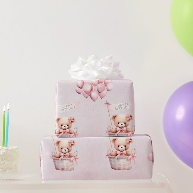 Teddy Bear Pink Watercolor Girls Birthday Wrapping Paper (Party Gifts)
