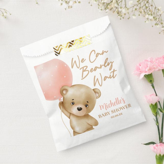 Teddy Bear Pink We Can Bearly Wait Baby Shower Favour Bag (Sealed)