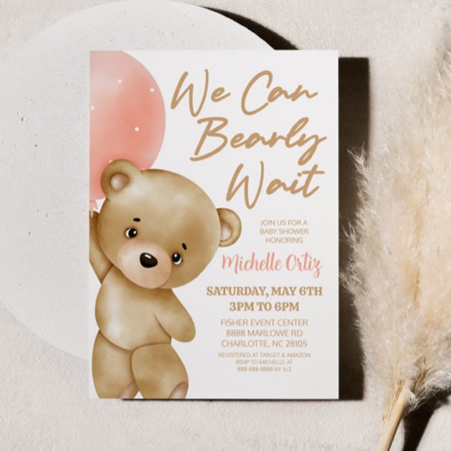 Teddy Bear Pink We Can Bearly Wait Baby Shower Invitation (Creator Uploaded)