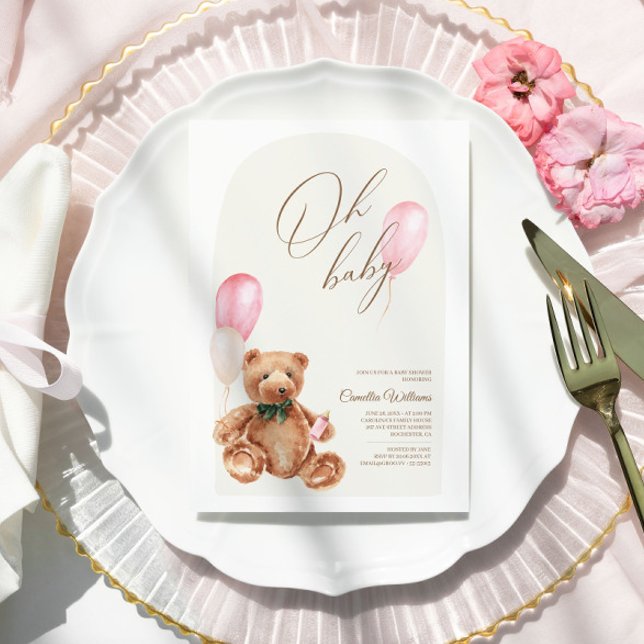 Teddy Bear Pink We Can Bearly Wait Baby Shower Invitation (Creator Uploaded)