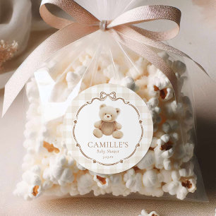 Teddy Bear Plaid Boy Baby Shower Classic Round Sticker