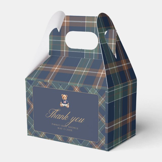 Teddy Bear Plaid Boy Baby Shower Favor Box (Front Side)