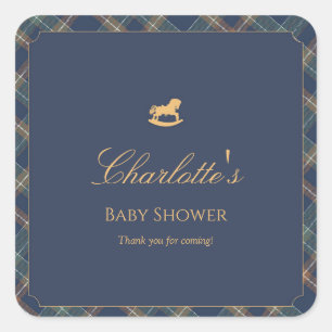 Teddy Bear Plaid Boy Baby Shower  Square Sticker