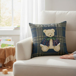 Teddy Bear Plaid Nursery Decor Throw Pillow
