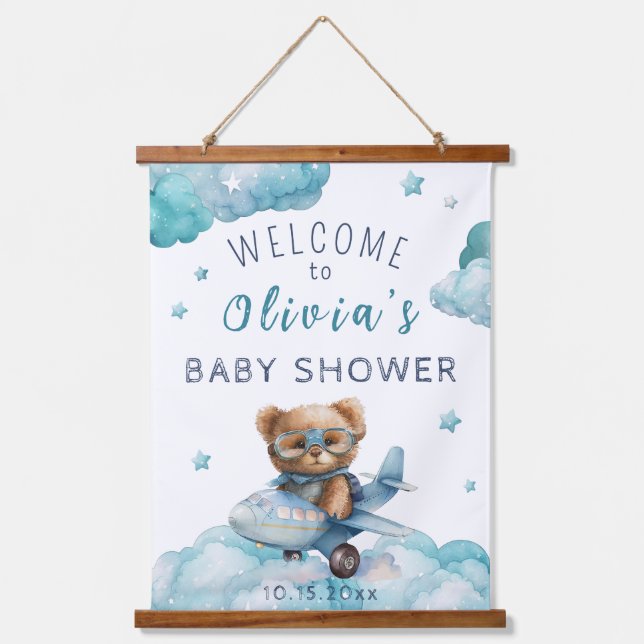 Teddy Bear Plane Bearly Wait Baby Shower welcome Hanging Tapestry (Front)