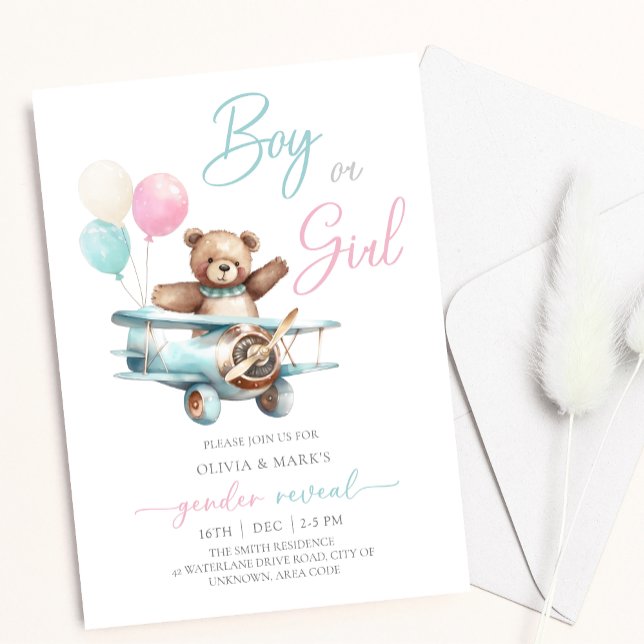Teddy Bear Plane Gender Reveal with Balloons Invitation (Creator Uploaded)