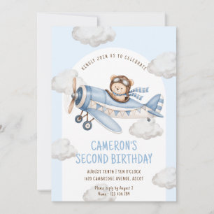 Teddy Bear Plane Second Birthday Invitation