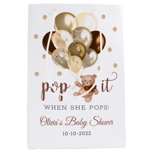 Teddy Bear Pop It When She Pops Baby Shower Favour Medium Gift Bag (Front)