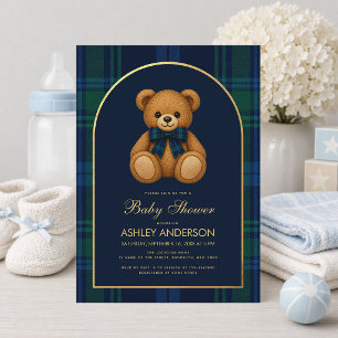 Teddy Bear Preppy Boy Baby Shower Blue Plaid Arch Invitation