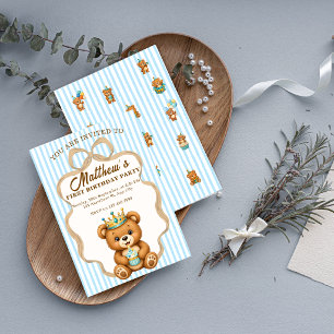Teddy Bear Prince 1st Birthday Invitation Boy Blue