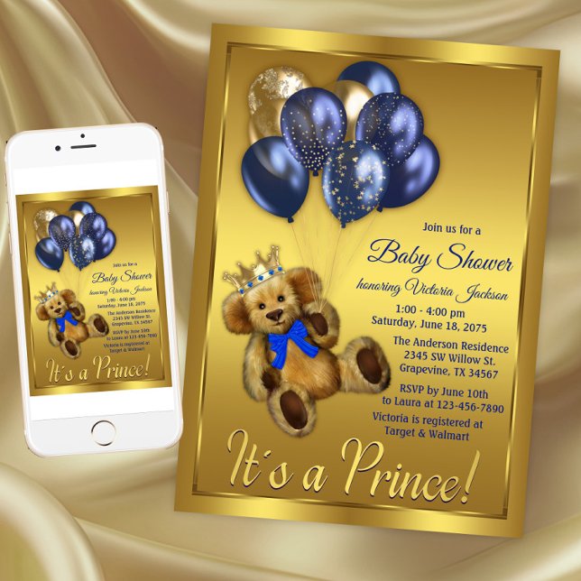 Teddy Bear Prince Baby Shower Invitation (Boy Teddy Bear Baby Shower Invitation. Instant download and printed invitations available.)