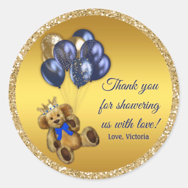 Teddy Bear Prince Balloon Baby Shower Stickers (Front)