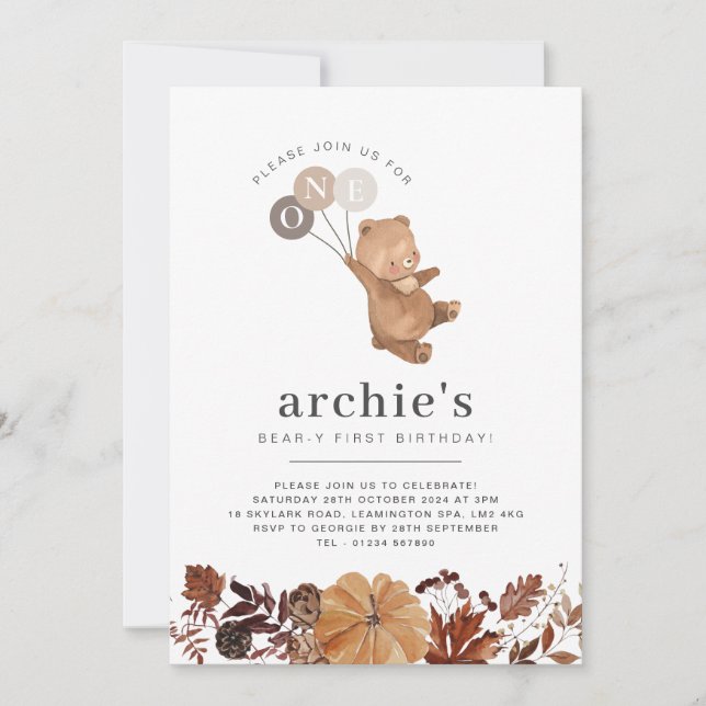 Teddy Bear Pumpkin - 1st Birthday Invitation (Front)