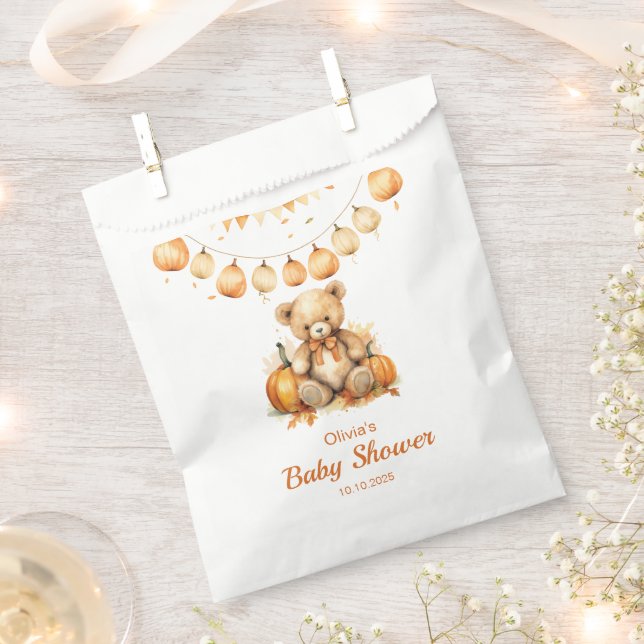 Teddy Bear Pumpkin Bearly Wait neutral Baby Shower Favour Bag (Clipped)