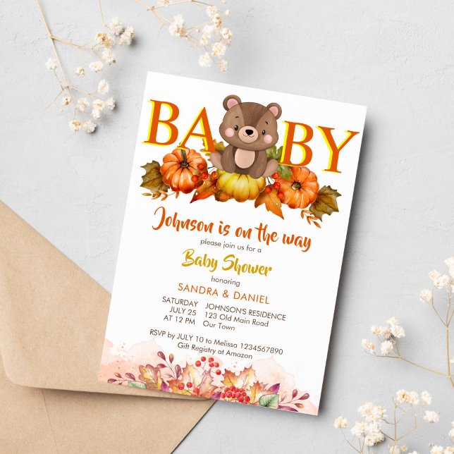 Teddy bear pumpkins fall baby shower cute teddy invitation (Pumpkin fall baby shower cute teddy bears and autumn foliage invitations instant download)