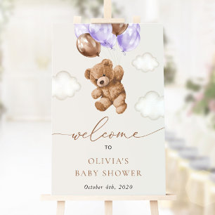 Teddy Bear, Purple Balloons, Baby Shower Welcome Poster