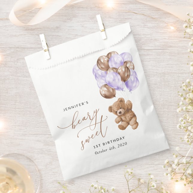 Teddy Bear, Purple Balloons, First Birthday Favour Bag (Clipped)