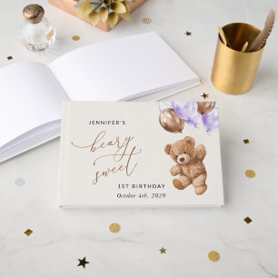 Teddy Bear, Purple Balloons, First Birthday Guest Book