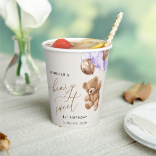 Teddy Bear, Purple Balloons, First Birthday Paper Cups