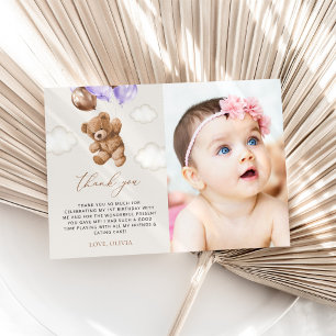 Teddy Bear, Purple Balloons, First Birthday Thank You Card