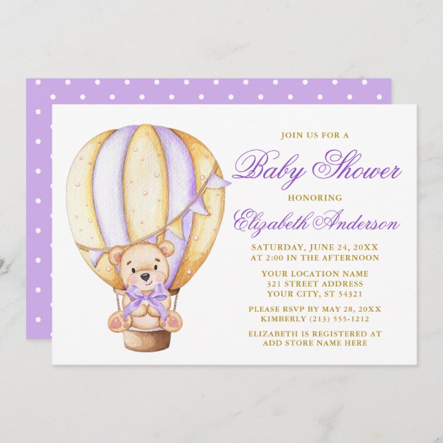 Teddy Bear Purple Bow Air Balloon Dots Baby Shower Invitation (Front/Back)