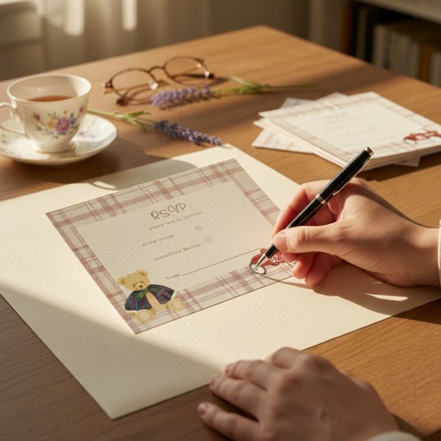 Teddy Bear Race Car Plaid Baby Shower RSVP Card (Creator Uploaded)