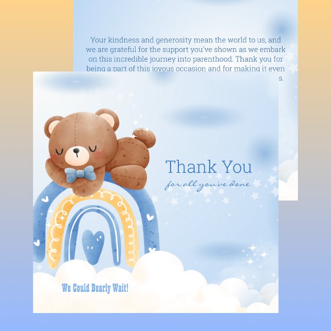 Teddy Bear Rainbow Boys Baby Shower Thank You Card (Creator Uploaded)