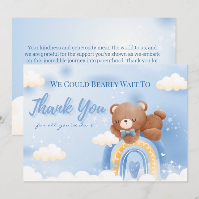 Teddy Bear Rainbow Boys Baby Shower Thank You Card (Front/Back)