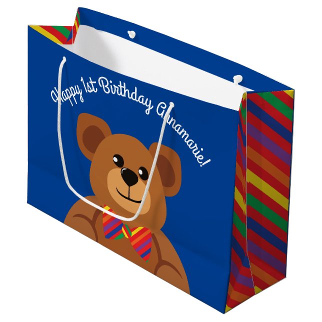 Teddy Bear Rainbow Cute 1st Birthday Party Large Gift Bag (Front Angled)