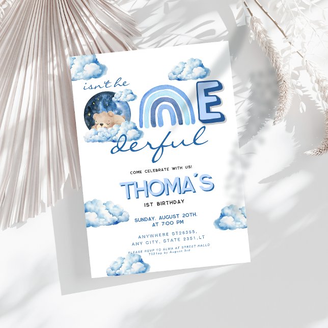 Teddy bear rainbow Isn't he Onederful 1st Birthday Invitation (Creator Uploaded)