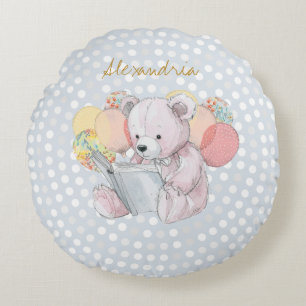 Teddy Bear reading a book Baby in Bloom Round Cushion
