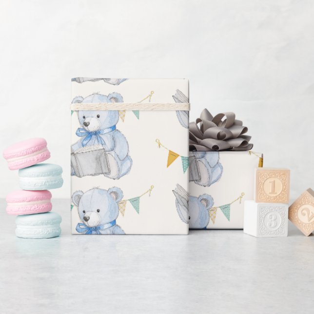 Teddy Bear reading a book  Wrapping Paper (Baby Shower)
