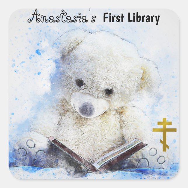 Teddy Bear Reading Orthodox Christian Bookplate Square Sticker (Front)