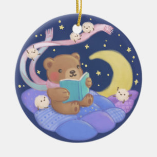 Teddy Bear Reading w/ Fluffy Monsters Illustration Ceramic Ornament
