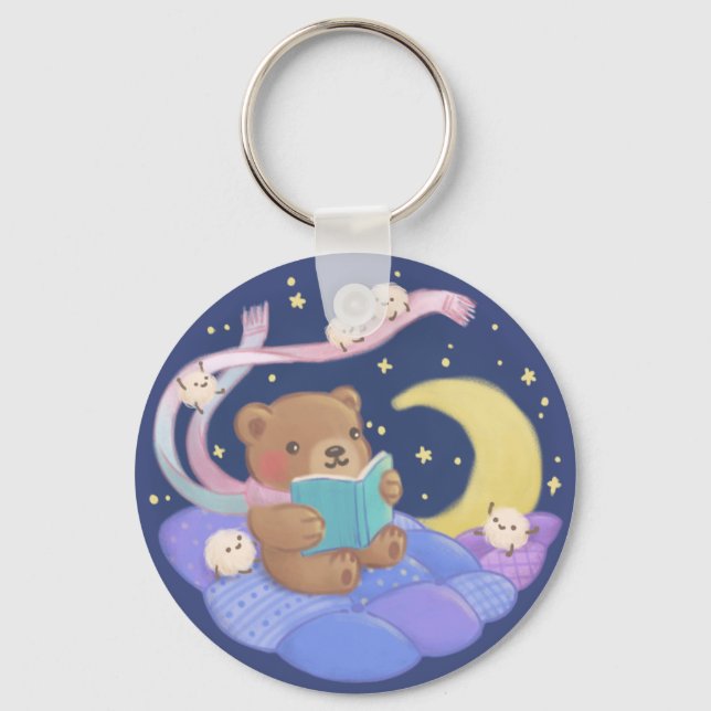 Teddy Bear Reading w/ Fluffy Monsters Illustration Key Ring (Front)