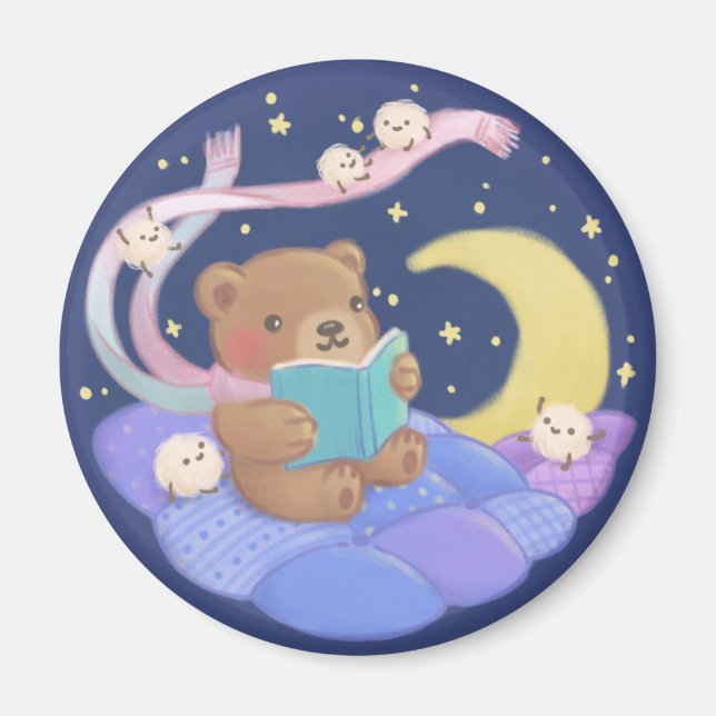 Teddy Bear Reading w/ Fluffy Monsters Illustration Magnet (Front)
