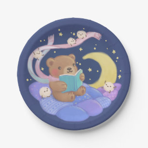 Teddy Bear Reading w/ Fluffy Monsters Illustration Paper Plate