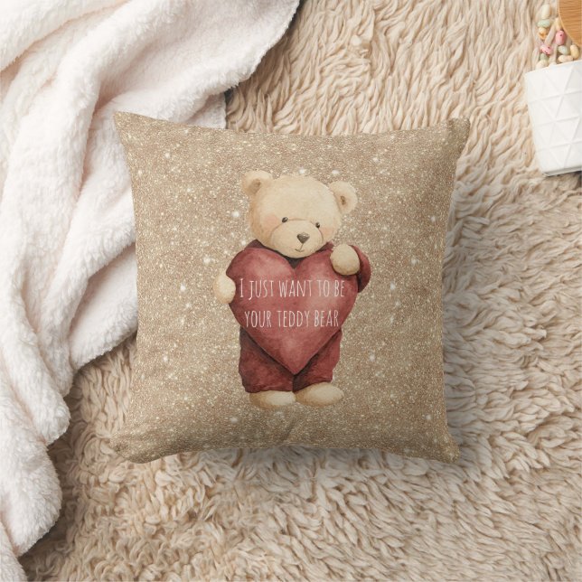 Teddy Bear Red Heart Gold Glitter Cushion (Blanket)