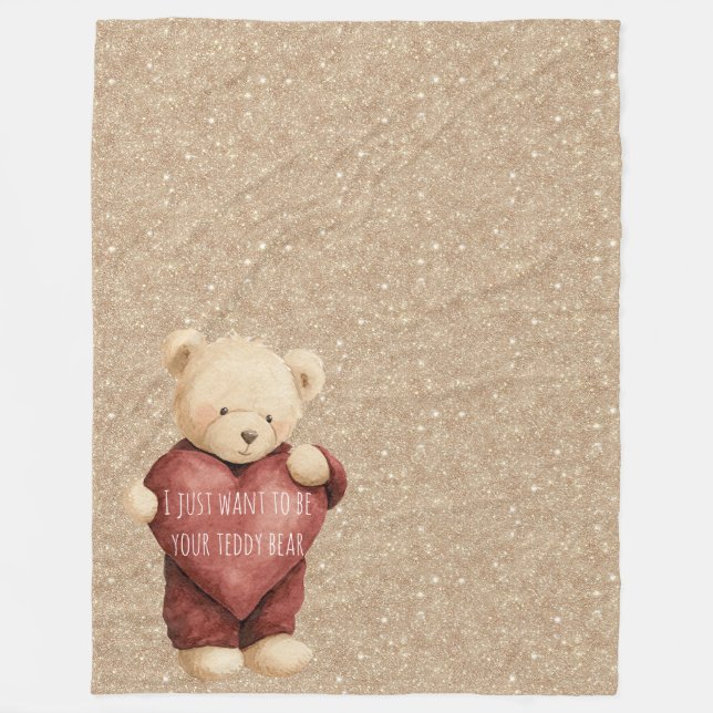 Teddy Bear Red Heart Gold Glitter Fleece Blanket (Front)