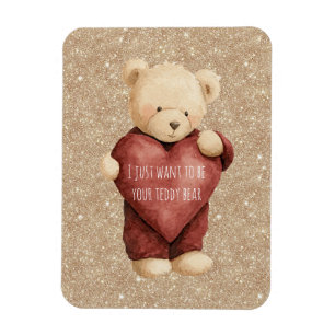 Teddy Bear Red Heart Gold Glitter Magnet