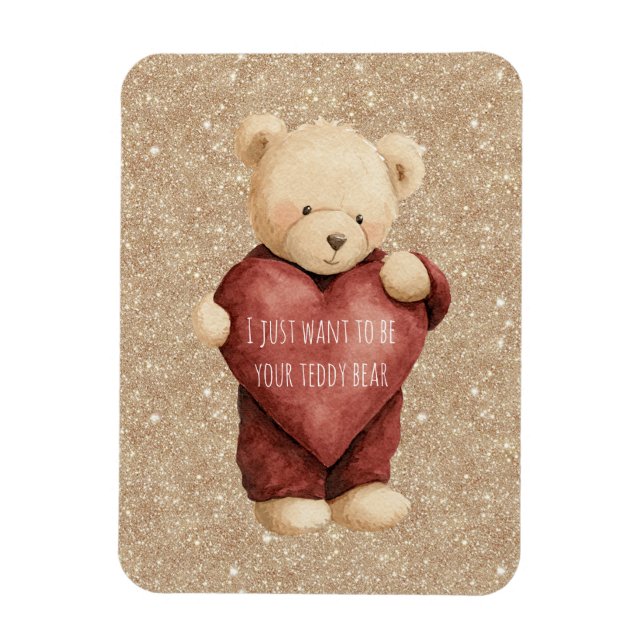 Teddy Bear Red Heart Gold Glitter Magnet (Vertical)