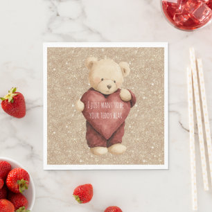 Teddy Bear Red Heart Gold Glitter Napkin