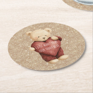 Teddy Bear Red Heart Gold Glitter Round Paper Coaster