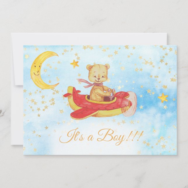 *~* Teddy Bear Red Plane Baby Stars Boy Shower Invitation (Front)